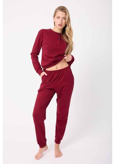Lespadon Ocean Rıpple Premium Örme Pamuk Uzun Kollu Henley & Uzun Pantolonlu Kadın Pijama Takımı-3216 Bordo