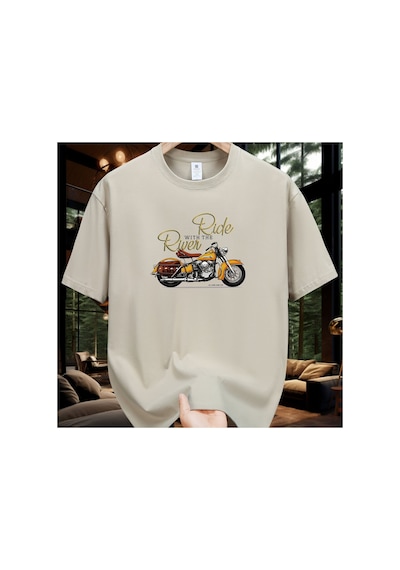 Caddemia Yaz Moda Rahat Gevşek Büyük Boy Klasik Motosiklet Desen Baskılı Yuvarlak Yak Bej 2XL Caddemia Yaz Moda Rahat Gevşek Büyük Boy Klasik Motosiklet Desen Baskılı Yuvarlak Yak Bej 2XL
