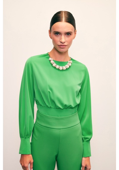 Sateen Kolye Detaylı Crop Bluz - Yeşil