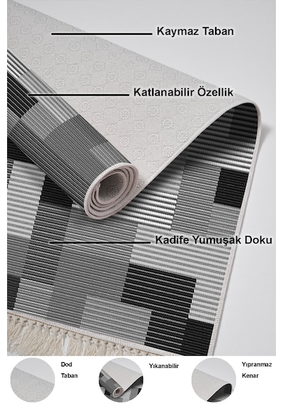 Dekoreko Kaymaz Taban Djt Banyo Halısı Trend Saçaklı Modern Mu113 gri