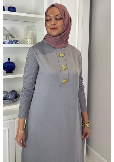 Rabia Şamlı Güneş Triko Elbise Gri Normal