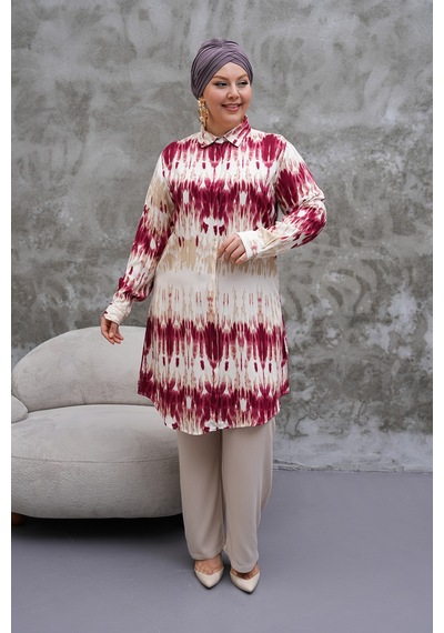Polologin Butik Desenli Bordo Beyaz Uzun Tunik Bordo
