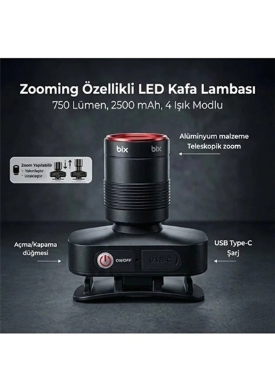 Bxt1fl 10w Şarj Edilebilir Kafa Feneri 750 Lümen 2500mah 4 Işık Modlu Zoom Özellikli Led Kafa Çok Renkli