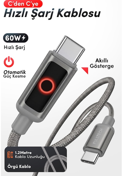 Fulltech Fc152 Type-c To Type-c Pd 60w Hızlı Şarj Kablosu 1.2m 480mbps Veri Transferi, Led Gösterg