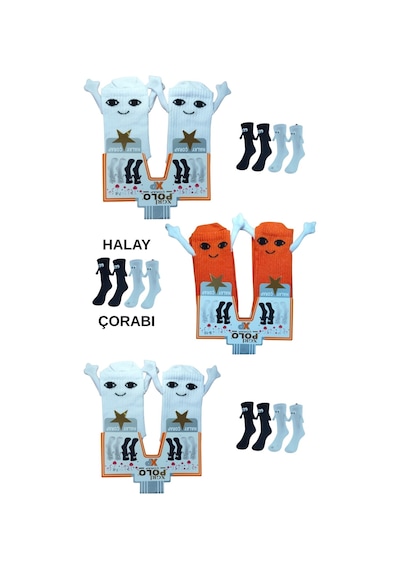 3 Çift Mıknatıslı El Ele Halay Çeken Görünümlü Gülücüklü Penye Kolej Çocuk Çorabı Beyaz - Turuncu Beyaz - Turuncu