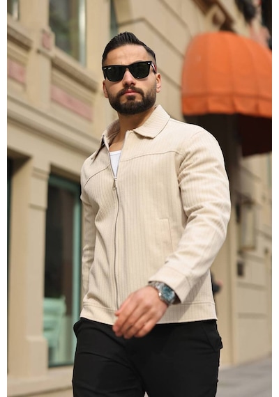 Premium Dokulu Kumaş Mevsimlik Ceket Krem
