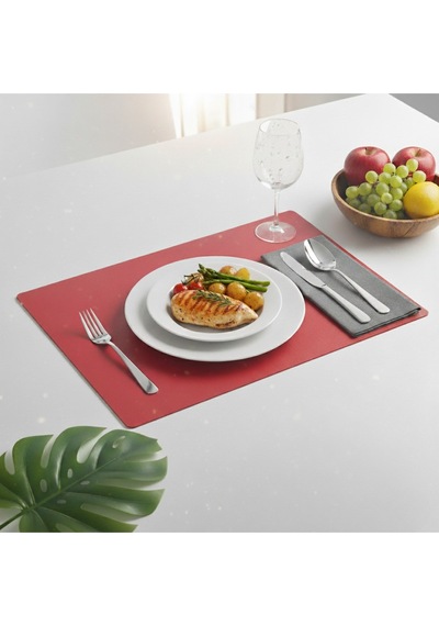 6 Kişilik 12 Parça Kırmızı Dikdörtgen Deri Amerikan Servis Supla 33x44 Cm-kolay Silinir Supla