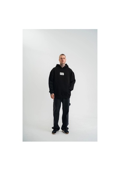 Erkek 3 İplik Pamuklu Kapüşonlu Patchli Nakışlı Hoodie Sweatshirt - Siyah