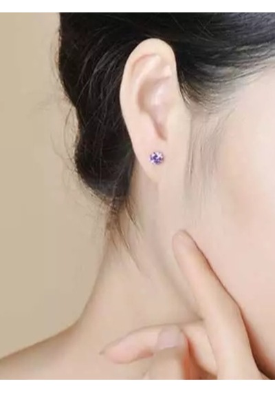 Brezza Lusso Jewelry 925 Ayar Ametist Taşlı Mor Renk Yuvarlak Tektaş Bayan Gümüş Küpe