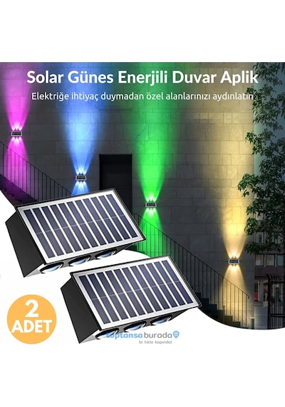 Technosmart 2adet Güneş Enerjili Çift Taraflı 6 Ledli Aplik Rgb Işık Duvar Lambası Bahçe Aydınlatma Diğer