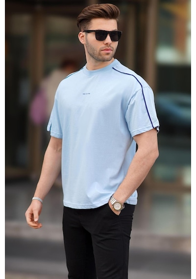 Madmext Mavi Oversize Bisiklet Yaka Tişört 7009 Mavi