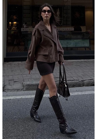 Madmext Kahverengi Kruvaze Yaka Düğmeli Kadın Süet Ceket Mg2626 Kahverengi