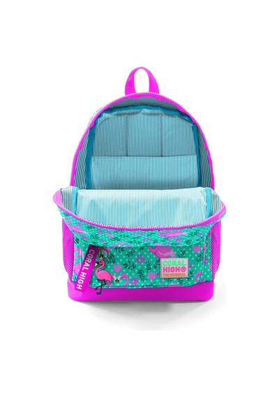 Coral High Kids Su Yeşili Pembe Flamingo Desenli Dört Bölmeli Okul Sırt Çantası 23712