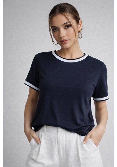 Kadın Lacivert Bisiklet Triko Yaka Kısa Kollu Basic T-shirt Lacivert