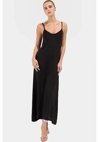 Ersefa Şık V Yaka Kolsuz Maxi Elbise 130cm Boy Polyester Dokuma Rahat Se Siyah