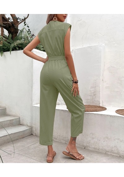 Barbora Keten Kadın V Yaka Tek Sıra Düğmeli Kolsuz Tulum Ln28haki 001