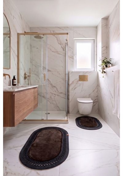Banyo Paspası Takımı 60x100+40x60 Cm İç Trikot Acı Kahve & Siyah