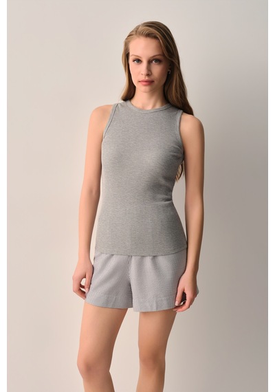 Suwen Cool Atlet Şort Pijama Takımı Sh26555667s1304 Gri Çizgi Desenli
