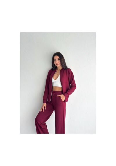 Winmoda34 Kadın Modal Kumaş Kolej Yaka Fermuarlı Cepli Bol Paça Takım Bordo