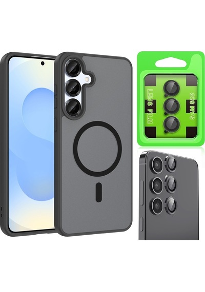 Vendas Samsung Galaxy Uyumlu  S25 Kılıf M-safe Şarj Özellikli Zore Babet Kapak + Kamera Lens Koruyucu Siyah