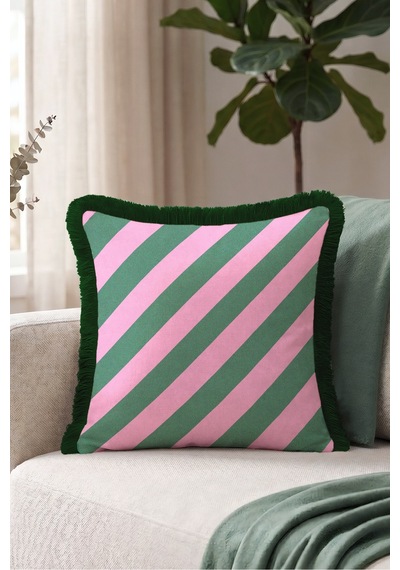 Çizgili Geometrik Saçaklı Yastık Kılıfı - Retro Şeker Tema Pembe Yeşil Siyah Püsküllü Kırlent Kılıfı Yalın Düş Serenat