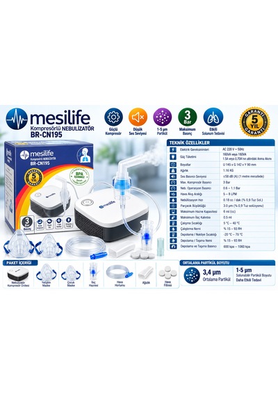 Mesilife Br-cn195 Kompresörlü Nebülizatör 3 Bar Güçlü Kompresör Çocuk Ve Yetişkin Kullanımı