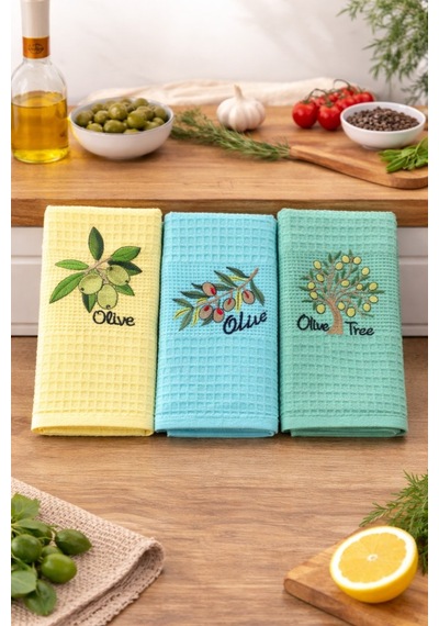 3 Lü Nakışlı Waffle Mutfak Havlusu 40x60 Cm Süper Emici & Yumuşak Yeşil