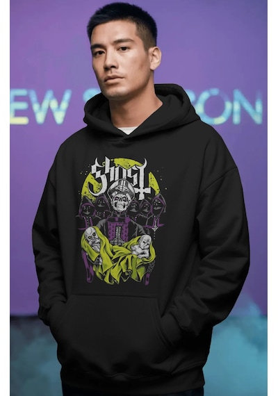 Sevbano Ghost Rock Metal Müzik Grubu Ön Baskılı Unisex Oversize Premium H Siyah
