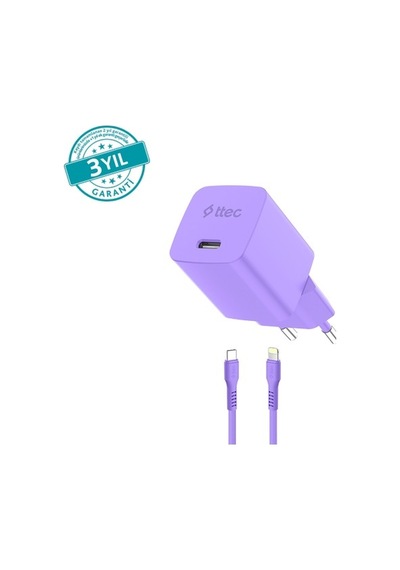 2scg20lnmr Ttec Smartcharger Gan 20w Pd Seyahat Hızlı Şarj Aleti + Usb-c - Lightning 120cm Kablo Neon Neon Mor