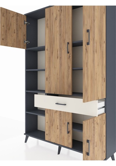 Arges Dolap 8 Raflı Tek Çekmeceli 5 Kapaklı 132x30x195 Antras... Antrasit