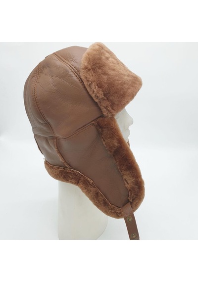 Pilot Model İçi Kürklü Camel Renk Deri Şapka Siyah