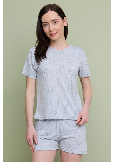 Fullamoda Puantiye Desenli Bisiklet Yaka Şortlu Pijama Takımı Grimelanj