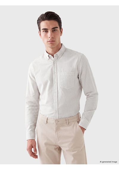 Lcwaıkıkı Classic Bej Regular Fit Çizgili Oxford Erkek Gömlek
