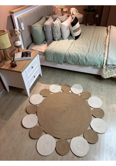 Mavaux Rhea Jüt Hasırlı El Örgüsü Kilim Halı Hasır Yuvarlak Krem - Bej