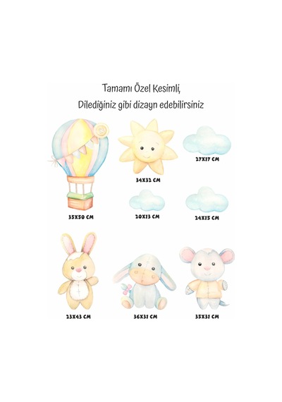 MSticker Sevimli Figürler Uçan Balon, Tavşan, Fil, Bulut Sticker Seti