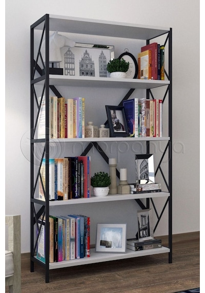 Morpanya Ural 5 Raflı Geniş Metal Kitaplık Dosya Kitap Rafı Ofis Salon Metal Raf 90x180 Siyah Beyaz