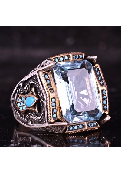 Kambo El Yapımı 925 Ayar Gümüş Mavi Topaz Taşlı Erkek Yüzük - 21 Gr
