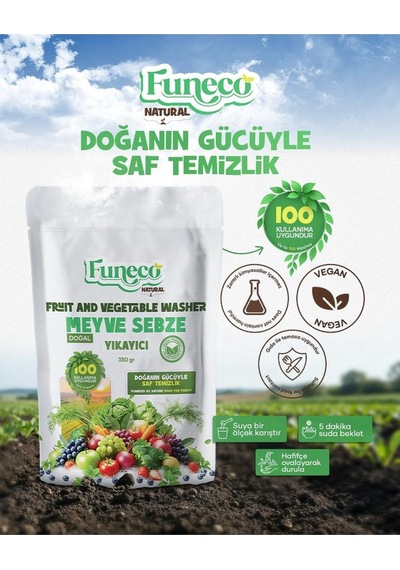 Funeco Natural Meyve & Sebze Yıkayıcı 350g 100 Kullanımlık - Bitki Ve Mineral Bazlı Temizleyici Toz Kahverengi