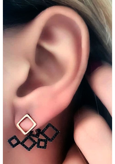 Siyah Oniks Taşlı Gümüş Rose Modern Earcuff Cift Küpe