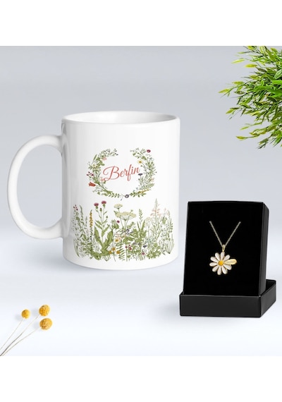 Bk Gift Kişiye Özel İsimli Çiçek Tasarımlı Beyaz Kupa Ve Papatya Kolye Hediye Seti - 13, Sevgiliye Hediye, Anneye Hediye, Arkadaşa Hediye Kobitmeyenco