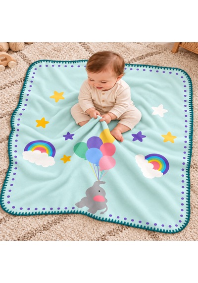 Uçan Fil ve Gökkuşağı Serisi Çoban Dikişli %100 Polar Bebek Battaniyesi 80x100 CM Oeko-tex Mint Yeşili