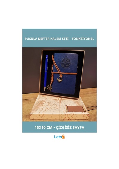 Lacivert Pusula Tasarım Deri Defter Metal Tükenmez Kalem Çok Renkli