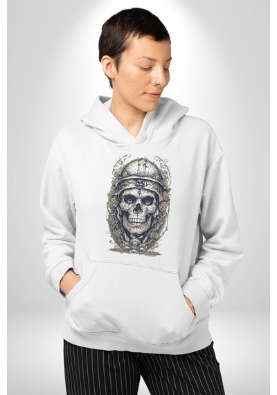 Kask Miğfer İskelet Asker Kadın Erkek Beyaz Kapüşonlu Sweatshirt Hoodie Beyaz