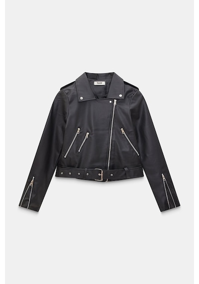 Sââde Kadın Relax Fit Gömlek Yaka Kemerli Cepli Suni Deri Biker Crop Ceket - Fermuar Detaylı Siyah Sââde Kadın Relax Fit Gömlek Yaka Kemerli Cepli Suni Deri Biker Crop Ceket - Fermuar Detaylı Siyah