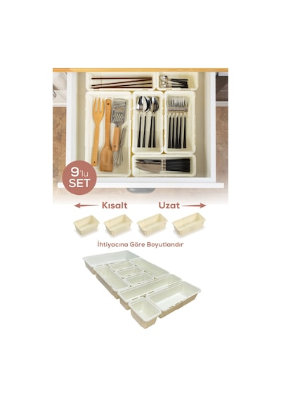9'lu Set Ayarlanabilir Çekmece Içi Düzenleyici Kutu Uzayıp Kısalabilen Organizer Seti 4a2b2c1d Krem