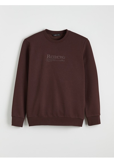 Lcwaıkıkı Classic Kahverengi Bisiklet Yaka Baskılı Erkek Kalın Sweatshirt