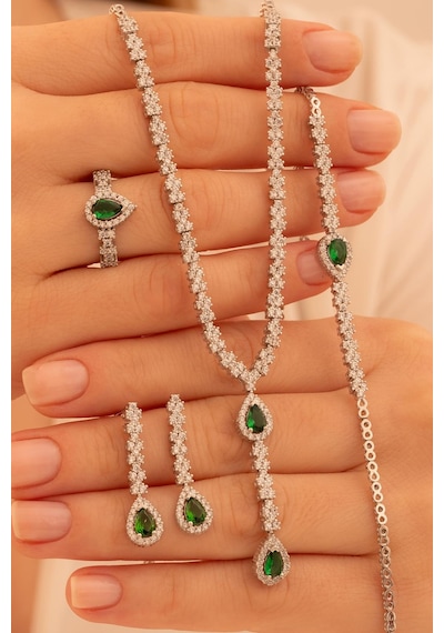 Kadın Gümüş Takı Seti - Lera Zümrüt Taşlı Mekik Model Kolye, Bileklik, Yüzük, Küpe Tam Set