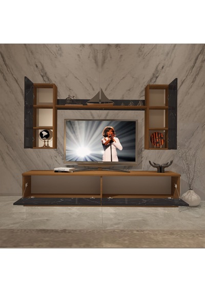 Decoraktiv Eko 5db Mdf Std Tv Ünitesi Tv Sehpası Ceviz - Siyah Mermer