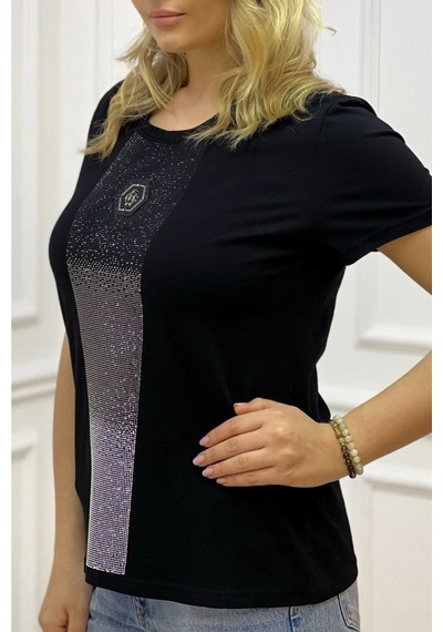 Rich Glam Bisiklet Yaka Crystal Taşlı Büyük Beden Plus Size Pamuk Şık Rahat Siyah Kadın T-shirt Siyah