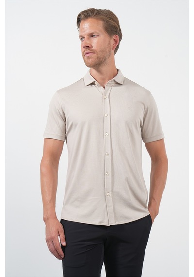 İmza Bej İtalyan Yaka Kısa Kol Cepsiz Slim Fit Pamuklu Gömlek 1004260158 Koyu Bej